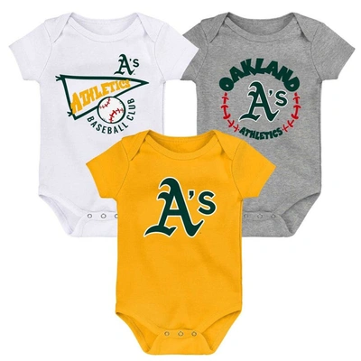 Outerstuff Babies' Infant Boys And Girls Gold, White, Heather Gray Oakland Athletics Biggest Little Fan 3-pack Bodysuit In Gold,white,heather Gray