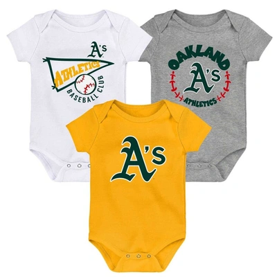 Outerstuff Babies' Newborn & Infant Gold/white/heather Grey Oakland Athletics Biggest Little Fan 3-pack Bodysuit Set