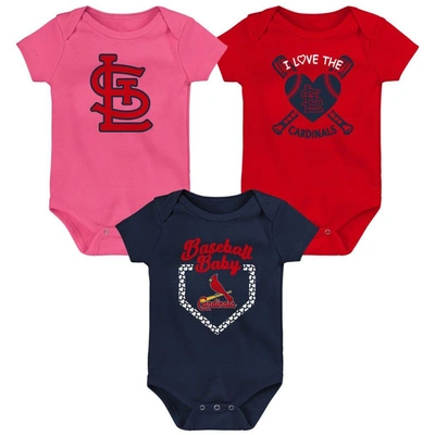 Outerstuff Infant Boys And Girls Red, Navy, Pink St. Louis Cardinals Baseball Baby 3-pack Bodysuit Set In Red,navy,pink