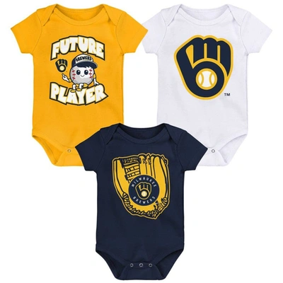 Outerstuff Babies' Infant Gold/navy/white Milwaukee Brewers Minor League Player Three-pack Bodysuit Set