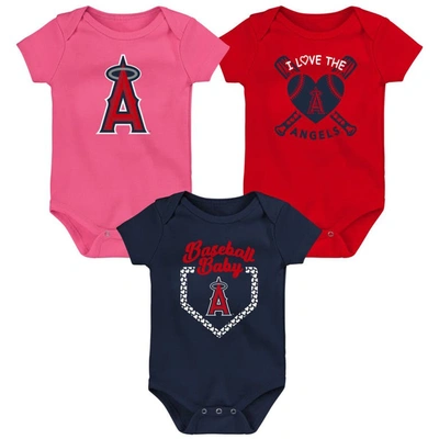Outerstuff Infant Boys And Girls Red And Navy And Pink Los Angeles Angels Baseball Baby 3-pack Bodysuit Set In Red,navy,pink