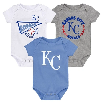 Outerstuff Babies' Newborn & Infant Light Blue/white/heather Gray Kansas City Royals Biggest Little Fan 3-pack Bodysuit In Light Blue,white,heather Gray