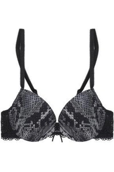 Just Cavalli Underwear Woman Bow-detailed Snakeskin-print Stretch-knit Lace Push Up Bra Gray