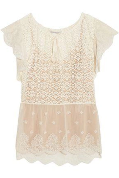 Stella Mccartney Laney Embroidered Tulle-paneled Cotton-blend Leavers Lace Blouse In Ecru