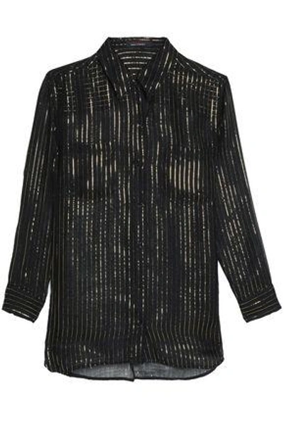 Kate Moss Equipment Woman Striped Metallic Silk Top Black