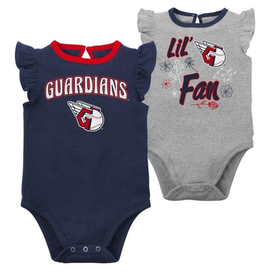 Outerstuff Babies' Infant Boys And Girls Navy, Heather Gray Cleveland Guardians Little Fan Two-pack Bodysuit Set In Navy,heather Gray