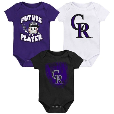Outerstuff Babies' Infant Boys And Girls Purple, Black, White Colorado Rockies Minor League Player Three-pack Bodysuit In Purple,black