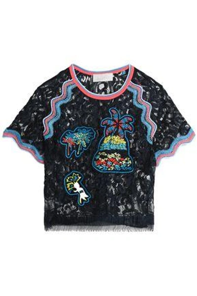 Peter Pilotto Woman Fringe-trimmed Embroidered Lace Top Navy