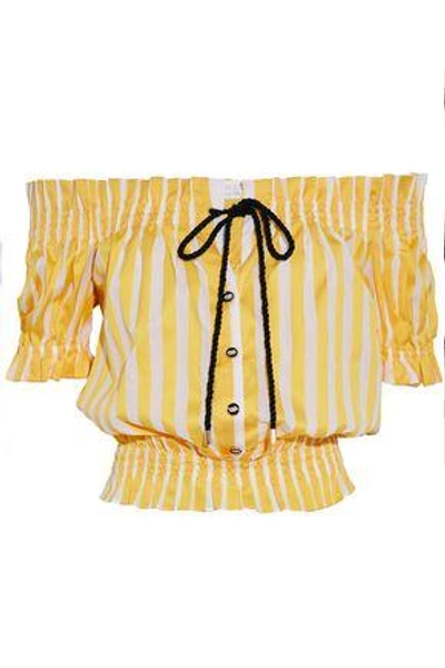 Caroline Constas Woman Peasant Off-the-shoulder Shirred Striped Cotton-poplin Top Yellow