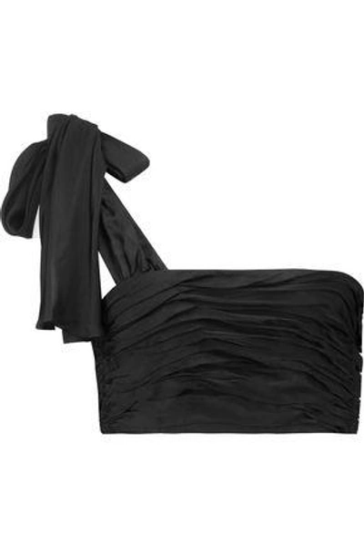 Cinq À Sept Amora Cropped Bow-embellished Ruched Taffeta Top In Black