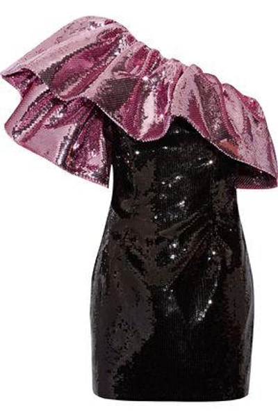 Saint Laurent One-shoulder Ruffled Sequined Silk Mini Dress In Pink