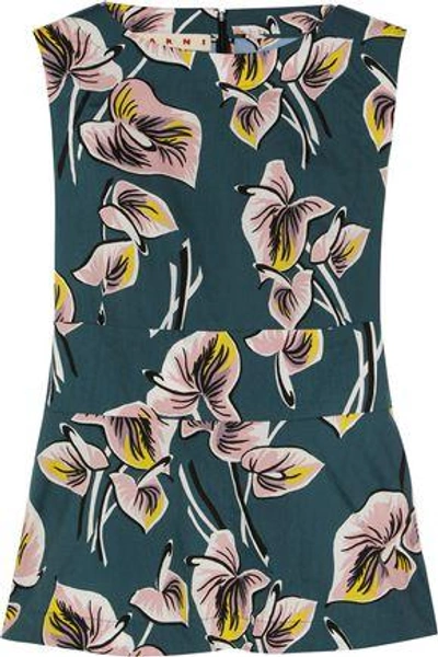 Marni Woman Floral-print Cotton-poplin Peplum Top Storm Blue