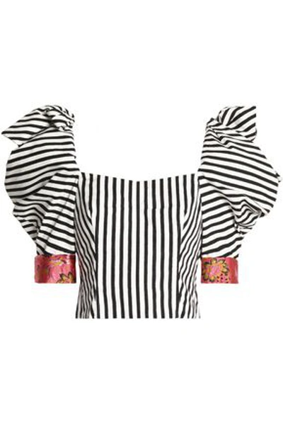 Dolce & Gabbana Woman Jacquard-trimmed Embellished Striped Cotton-blend Top Black