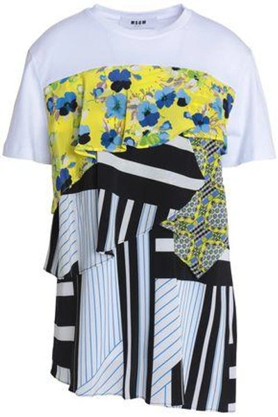 Msgm Paneled Printed Ruffled Cotton-jersey T-shirt In Gray