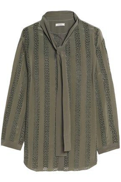 Nina Ricci Woman Pussy-bow Broderie Anglaise Silk Top Army Green