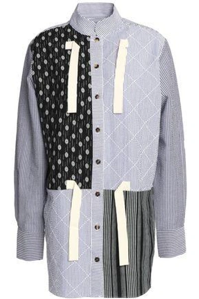 Jw Anderson Woman Tie-front Printed Linen And Striped Cotton-seersucker Shirt Light Blue
