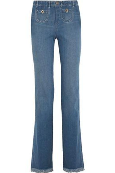 Chloé Woman Frayed High-rise Wide-leg Jeans Mid Denim