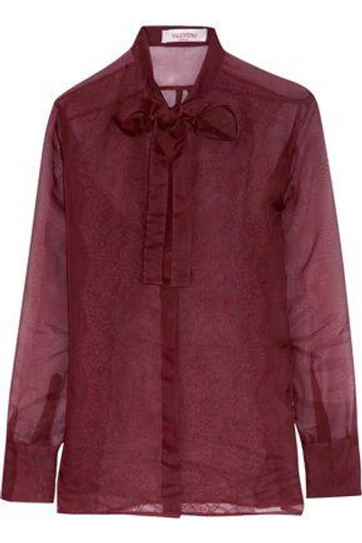 Valentino Woman Pussy-bow Lace-paneled Silk Shirt Burgundy