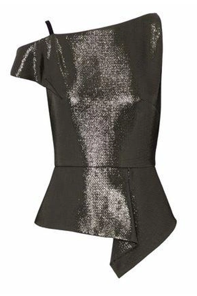 Roland Mouret Woman Asymmetric Lamé Peplum Top Gunmetal