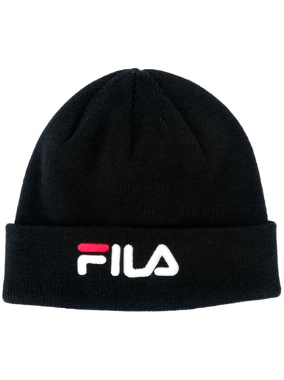 Fila Logo-embroidered Rib-knit Beanie In Black