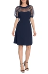 Maggy London Mesh Illusion Short Sleeve Dress In Twilight Navy