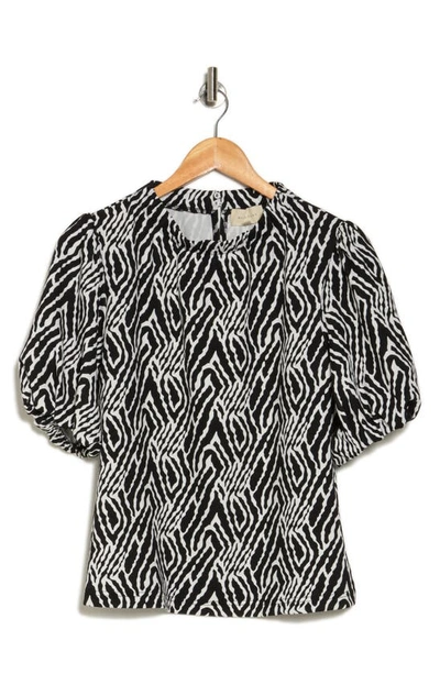 Melloday Mock Neck Puff Sleeve Top In Wht Blk Abst