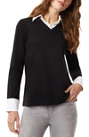 Jones New York Collared Shirt V-neck Sweater Combo Top In Black