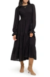 August Sky Smocked Long Sleeve Tiered Dress In Black