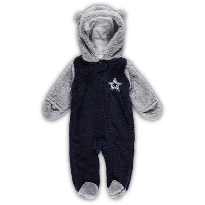Outerstuff Babies' Newborn And Infant Navy, Gray Dallas Cowboys Game Nap Teddy Fleece Bunting Full-zip Sleeper In Navy,gray