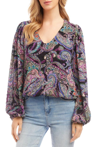 Karen Kane Paisley Blouson Sleeve V-neck Top In Multi