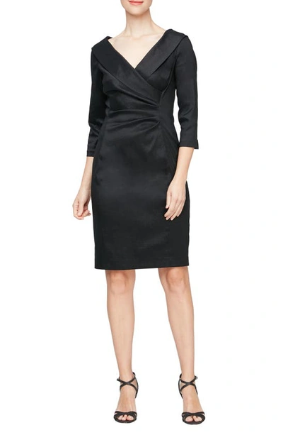 Alex Evenings Three-quarter Sleeve Taffeta Sheath Cocktail Dress In Black