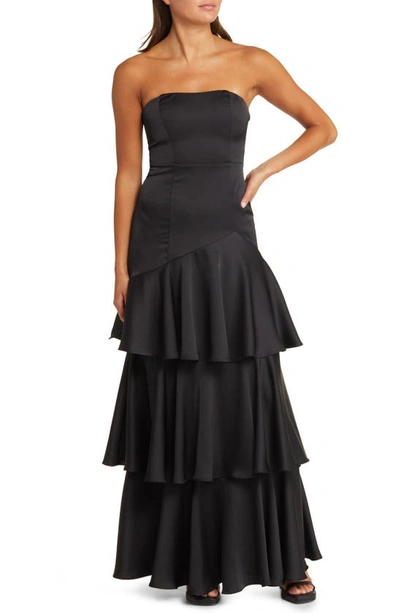 Lulus Blissfully Beautiful Strapless Tiered Satin Gown In Black