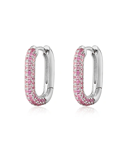 Luv Aj Pave Chain Link Huggies- Ruby Red- Silver In Pink