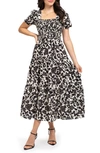 August Sky Floral Puff Sleeve Smocked Midi Dress In Black Multi