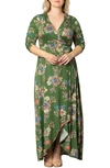 Kiyonna Meadow Dream Wrap Maxi Dress In Olive Floral Print