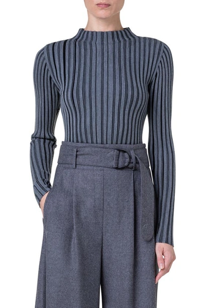 Akris Punto Vertical Stripe Wool Milano Stitch Sweater In 859 Black-slate