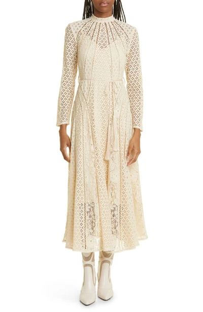 Zimmermann Mixed Lace Panel Long Sleeve Cotton Blend Dress In Light Tea