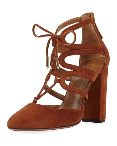 Aquazzura Holli Suede Curvy-caged Pumps, Cognac In Tan/camel