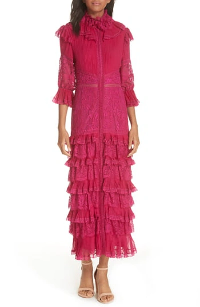 Alice And Olivia Carmina Pleated Lace Ruffle Midi Dress In Raspberry |  ModeSens