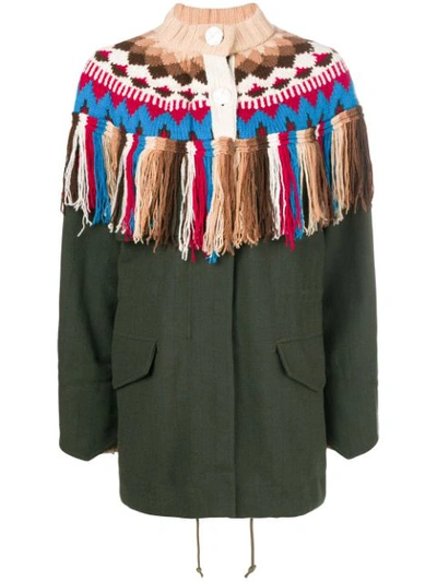 Sacai Knit Detail Fringed Coat In Green,white,red