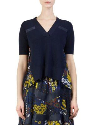 Sacai Wool Knit Floral Pullover Top In Navy