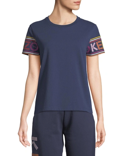 Kenzo Crewneck Logo-sleeves Cotton T-shirt In Navy