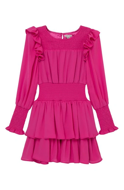 Habitual Kids' Long Sleeve Smocked Waist Dress In Dark Pink