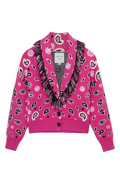 Habitual Girl's Bandana-print Fringed Shawl Sweater In Pink