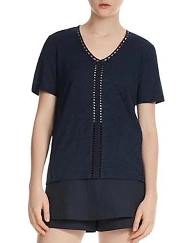 Maje Tyo Stitch-inset Linen Tee In Navy