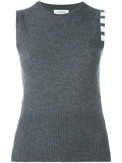 Thom Browne Sleeveless Crew Neck Shell Top With 4-bar Stripe In Medium Grey Cashmere