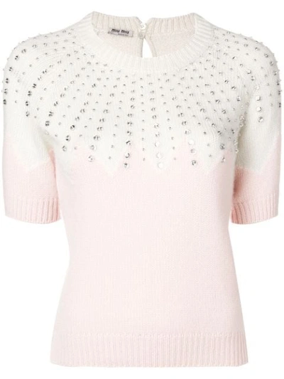 Miu Miu Cropped Embellished Two-tone Cashmere Sweater In Cipria Latte
