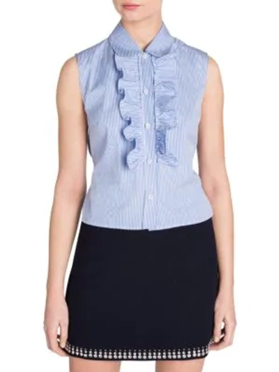 Miu Miu Ruffled Button-down Sleeveless Shirt In Blue-white
