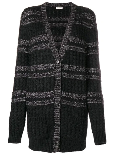 Saint Laurent Metallic-knit Striped Cardigan In Black/lurex Silver