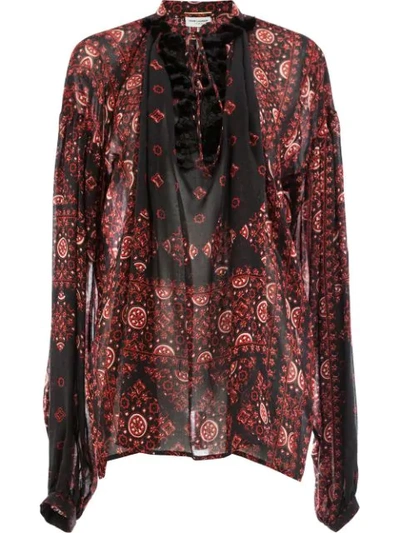 Saint Laurent V-neck Full-sleeve Folk-print Artist Smock  Top In Black Red